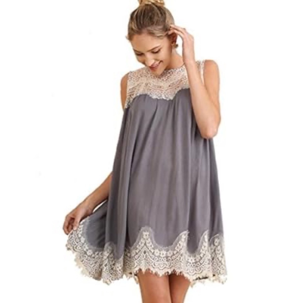 Umgee Boho Lace Trim Shift Dress Purple Grey Sleeveless Mini G0718 Oversized